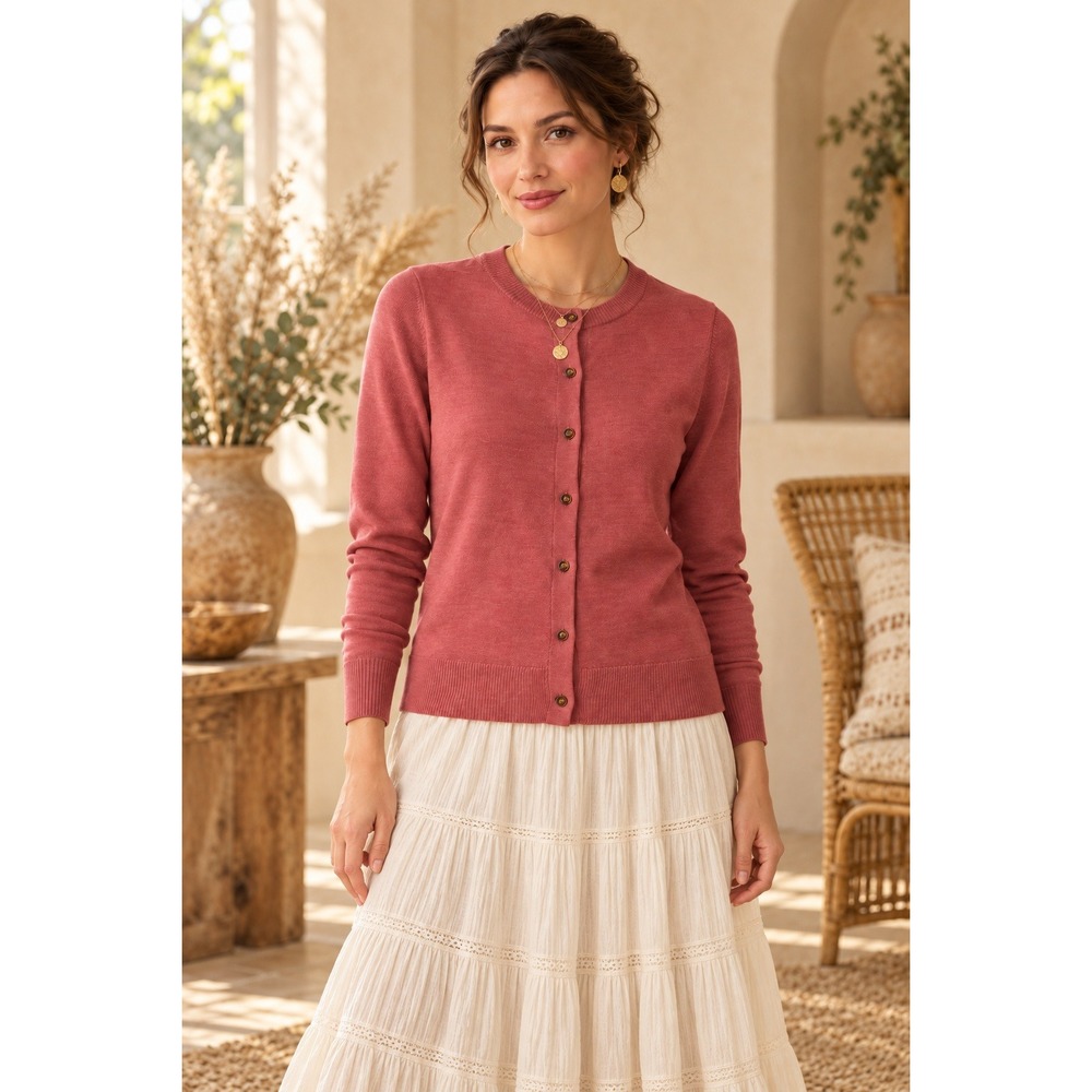 LL Bean Cardigan Sweater Womens Small Pink Merino Wool Crew Button quiet-luxury